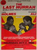 Poster for the Larry Holmes Vs Mohammad Ali world heavyweight championship fligh, live beamback from Las Vegas
