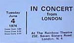 "In Concert" The Kinks Ticket